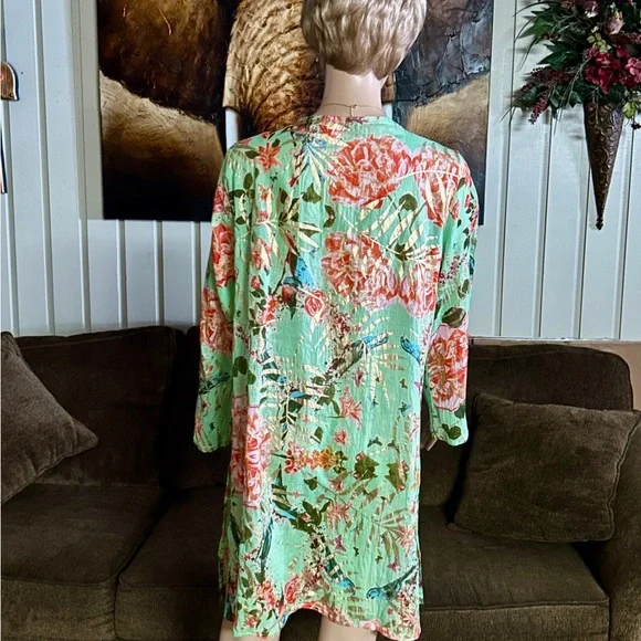 Caribbean Joe ~ Large ~ Green W/ Gold & Red Floral Tunic Swim Coverup Dress - Picture 13 of 15